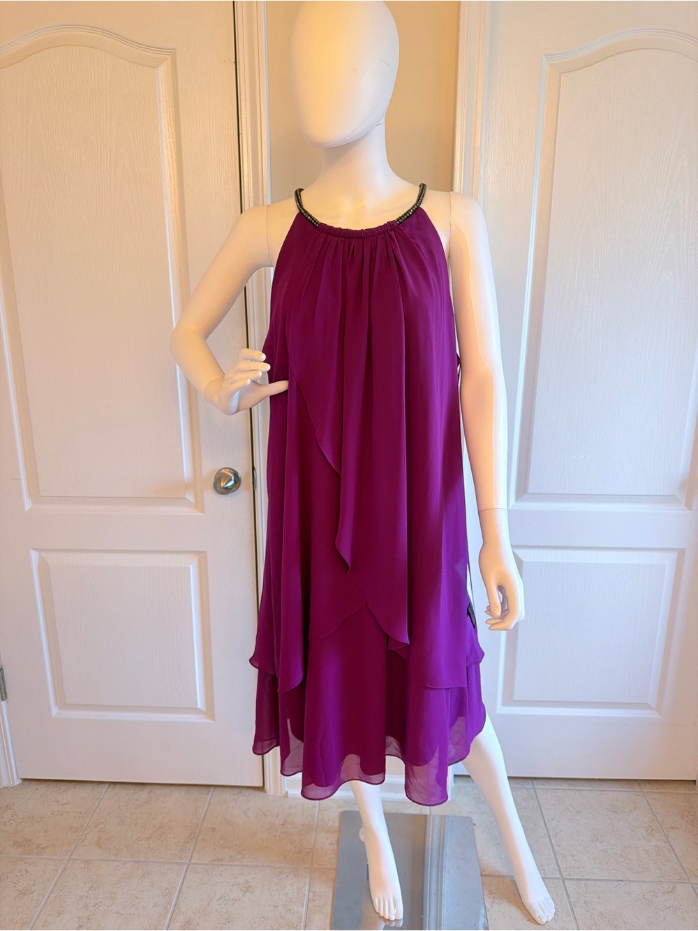 NEW SLNY Fuchsia Layered Chiffon Halter Dress with Beaded Neckline